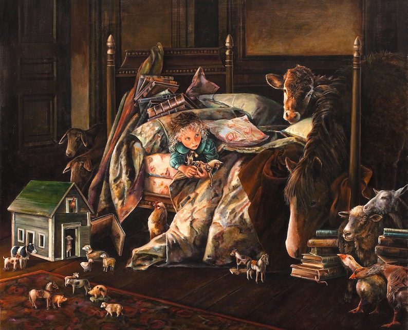 May include: A painting depicting a young girl in a bed with a cow and a horse. The girl is holding a small bird in her hand. Other animals are present in the room, including a rooster, a pig, and a sheep. The room is decorated with books and other items.