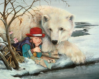 May include: A painting of a person wearing a red hat and blue vest, lying on snow while looking at a map. A large white polar bear rests beside the person. Nearby are wooden snowshoes and a bare tree with pink flowers in a snowy landscape.