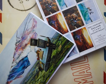 May include: A set of 9 colorful stamps featuring a whimsical illustration of a person riding a wave on a surfboard. The stamps are gummed and have the text "Delivering Dreams Stamp Assortment" printed on the back.
