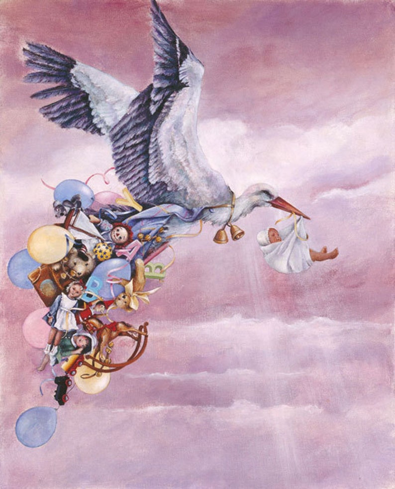 May include: A white stork flies through a pink and white cloudy sky carrying a baby wrapped in a white blanket and a bundle of toys, including a teddy bear, a rocking horse, a doll, and balloons.