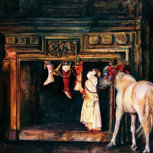 May include: A white horse with a red bow stands near a fireplace with stockings hanging from the mantle. A person in a white dress is looking up at the stockings.