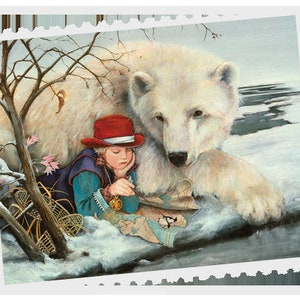 Postcrossing Stamp, Postcrossing Sticker, Gift for Postcrosser, Gummed Vintage-Style Stamps. Polar Bear Art. Lori preusch Art