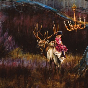 May include: An oil painting depicting a large elk with prominent antlers carrying a person wearing a top hat and a red dress. A tea set is balanced on the elk's back. A golden chandelier hangs from a tree branch above in a dark forest setting.