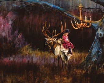 May include: An oil painting depicting a large elk with prominent antlers carrying a person wearing a top hat and a red dress. A tea set is balanced on the elk's back. A golden chandelier hangs from a tree branch above in a dark forest setting.