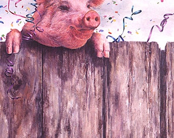 Birthday Cards, Greeting Cards, Blank Cards, Child's Birthday Card, Pig, Pig Birthday Card, Pig Party Card, Animal Card