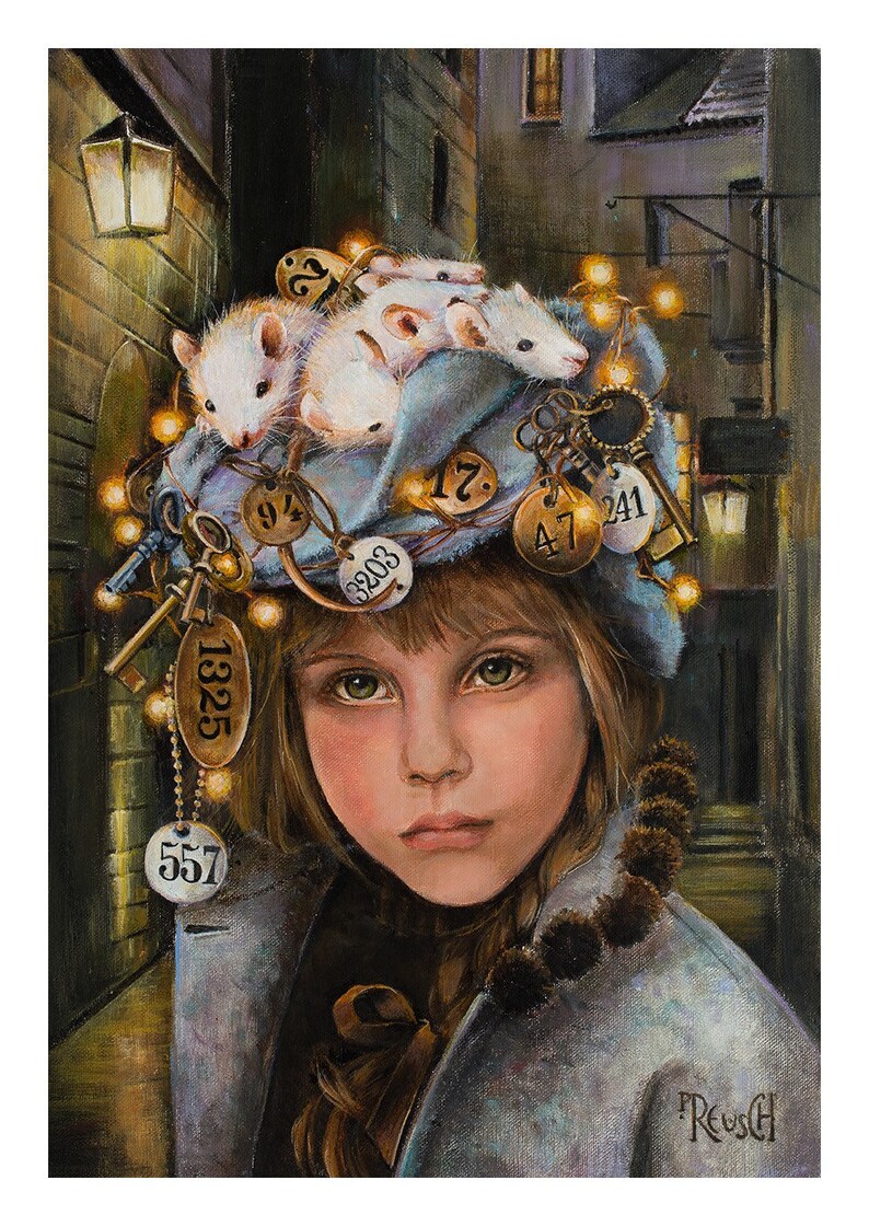 May include: A young girl with blonde hair wears a blue hat with white rats on top. The hat is decorated with keys and numbered tags, including 94, 17, 3203, 47, 241, 1325, and 557.