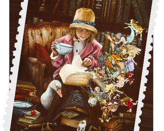 May include: A young girl wearing a brown hat sits in a chair reading a book. The book is open and there are many characters and creatures coming out of the pages. The scene is set in a library with bookshelves in the background.