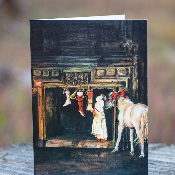 White Pony Christmas Card, Horse Holiday Card, Pony Christmas Card, Artwork by Lori Preusch, Christmas Card Pack, Old World Art