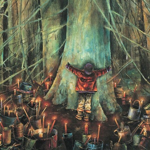 May include: A young person wearing a red jacket embraces a large tree in a woodland scene. Scattered around the tree are many metal buckets and watering cans, each containing a lit candle.
