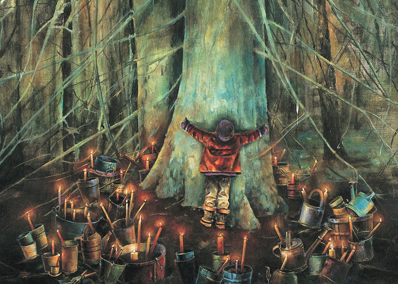 May include: A young person wearing a red jacket embraces a large tree in a woodland scene. Scattered around the tree are many metal buckets and watering cans, each containing a lit candle.