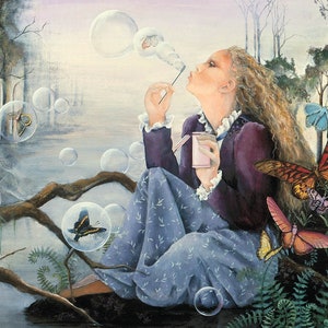 May include: A woman blows bubbles in a forest setting. The bubbles are filled with butterflies. The woman is wearing a purple jacket and a blue skirt with a floral pattern. There are butterflies and ferns in the foreground.