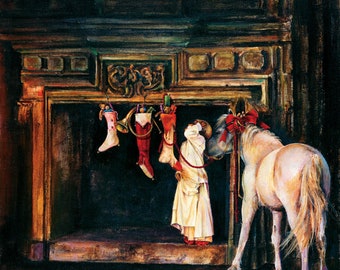 White Pony Christmas Card, Horse Holiday Card, Pony Christmas Card, Artwork by Lori Preusch, Christmas Card Pack, Old World Art