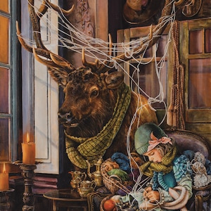 May include: A painting of a taxidermied elk head with a green scarf, a girl sitting in a chair, and a basket of yarn. The girl is wearing a green hat and a blue dress. The elk head is surrounded by white string.