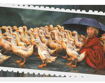 Postcrossing Stamp, Happy mail, Vintage Stamp, Artwork with Ducks, Bird art, Duck Art, Holding Sunshine by Lori Preusch, Sticker for Mail