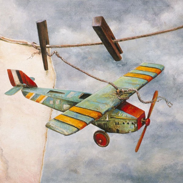 Travel Note, Vintage Toy Airplane on Clothes Line, Antique Image Card, Questionable Weather