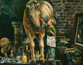 May include: A young artist paints a brown horse with a paintbrush in a studio setting. The horse is standing on a wooden table with various art supplies, including paint tubes, brushes, and jars. The artist is wearing a green shirt and a white apron.