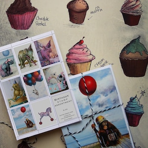 May include: An artistic illustration featuring cupcakes and a birthday stamp assortment. The cupcakes are hand-drawn with various frostings and flavors. The stamp set includes whimsical animal illustrations with balloons and party hats. The text "BIRTHDAY STAMP ASSORTMENT" is visible.