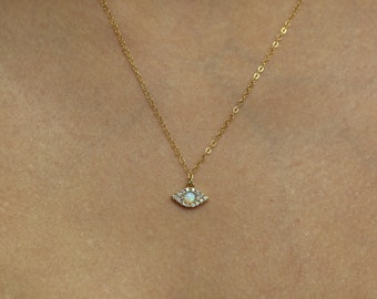 Gold Opal Evil Eye Necklace-14k Gold Filled Chain-Opal Necklace-Gold Evil Eye Necklace-Protection Necklace-October Birthstone Necklace-Gift