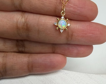 Tiny Opal Sunburst Necklace-14k Gold Filled Chain-Gold Opal Necklace-Dainty Necklace-Layering Necklace-Opal Jewelry-October Birthstone-Gift