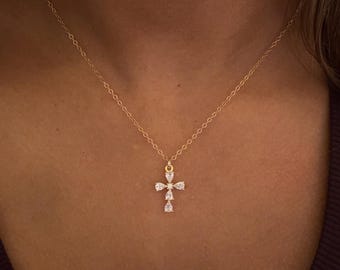 CZ Small Gold Cross Necklace-14k Gold Filled Chain-Cubic Zirconia Necklace-Religious Pendant-Cross Pendant-Faith-Christmas Gift • Gold Cross