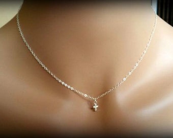Sale! Tiny Sterling Silver Cross Necklace-Dainty Necklace-Sterling Silver Necklace-Mini Cross Necklace-Simple Necklace