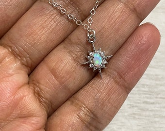 Silver Opal North Star Necklace-Sterling Silver Chain-North Star Pendant-Dainty Opal Necklace-Silve Star Necklace-Opal Charm-Gift