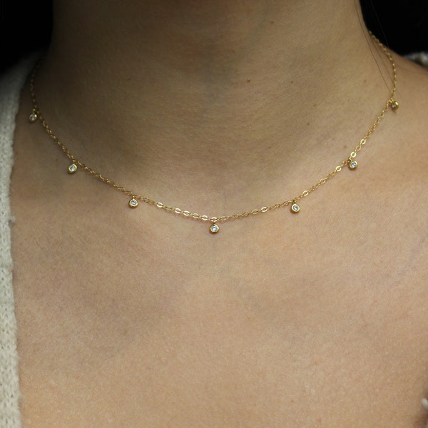 Silver Tiny CZ Choker Necklace-Gold Tiny CZ Choker Necklace-Dangle Choker Necklace-Bohemian Choker-Gold Necklace-Layering Necklace-Gift