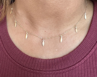 Gold Filled Tiny Leaf Necklace-Dangle Choker Necklace-Bohemian Choker-Gold Leaf Necklace-Dainty Gold Necklace-Layering Necklace-Gift for Her