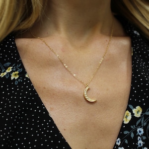 Pearl CZ Crescent Moon Necklace-Gold Moon Necklace-Crescent Moon Jewelry-Dainty Necklace-Gold Filled Chain-Gift for her-Everyday Jewelry