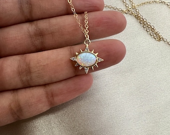 Opal Sunburst Necklace-14k Gold Filled Chain-Opal Pendant-Dainty Opal Necklace-Gold Sun Necklace-Opal Charm-Layering Necklace-Gift for Her