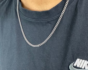 Men's Silver Necklace-4mm Cuban Chain-Tarnish Resistant Necklace-Waterproof Necklace-Gift for Him-Mens Jewelry-Men's Gift-Gift for Husband