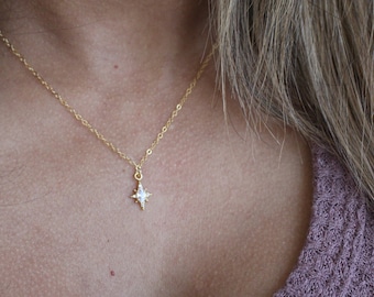 Gold CZ North Star Necklace-14k Gold Filled Chain-North Star Pendant-Dainty CZ Necklace-Gold Star Necklace-CZ Pendant-Gift-North Star
