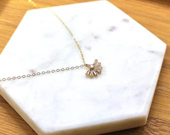 Gold Fan Art Deco Necklace-Gold Filled Chain-Trendy Art Deco Necklace-Dainty Necklace-CZ Charm-Minimalistic Jewelry-Everyday Necklace-Gift