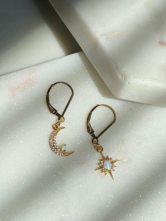 Moon and Star Opal Earrings-gold Filled Earring Clasps-dangle