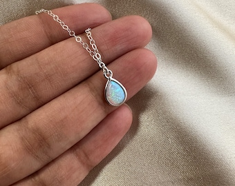 Opal Teardrop Necklace-Sterling Silver Chain-Opal Pendant-Dainty Opal Necklace-Silver Necklace-Opal Charm-Layering Necklace