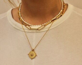 Gold Sun Necklace-Tarnish Resistant Necklace-Waterproof Necklace-Layering Necklace-Sun Medallion Necklace-Gift for Her