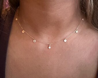 Gold Filled Tiny Disc Necklace-Dangle Choker Necklace-Bohemian Choker-Gold Circle Necklace-Gold CZ Dangle Circle Necklace-Layering Necklace