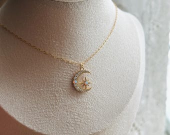 Gold Opal Moon and Star Necklace-14k Gold Filled Chain-Moon Pendant-Dainty Opal Necklace-Gold Moon Necklace-Opal Charm-Crescent Moon-Gift