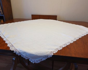 Vintage Linen Tea Cloth, Square, White,  Crochet, Lace-edged, Plain No Pattern