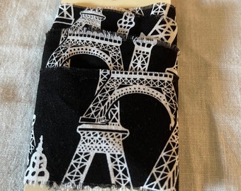 2 yards Paris Eiffel Tower on black cotton fabric ribbon hand torn frayed scrapbooking handmade junk journal trim