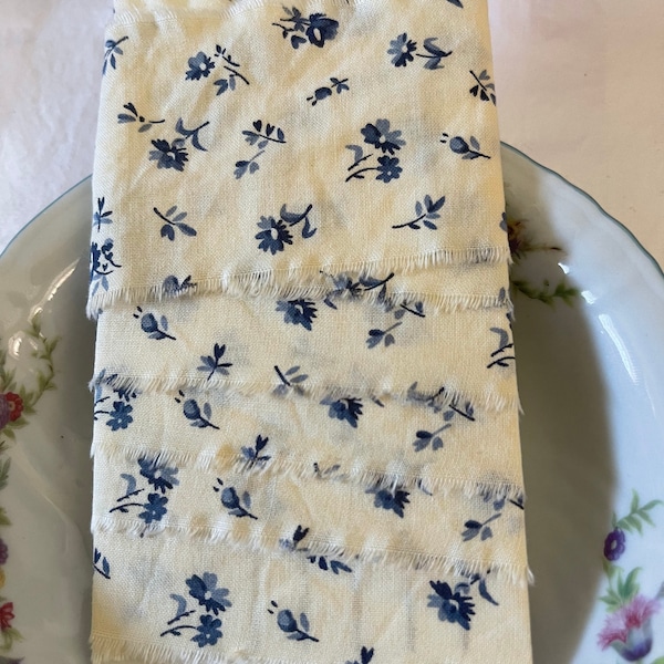 2 yards Tiny calico cream blue florals wide cotton fabric ribbon hand frayed scrapbooking handmade junk journal trim