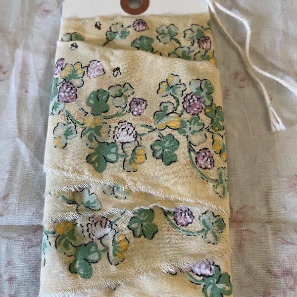 2 yards Bees honeysuckle floral cotton garden fabric ribbon hand torn frayed scrapbooking handmade junk journal trim