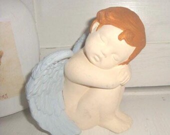 Vintage Hand-Painted Ceramic Angel Figurine, Blue Wings