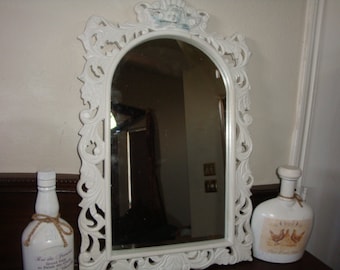 Vintage Creamy White Primrose Mirror  chippy shabby painted ANGEL Decorative carved wood Wooden wedding nursery Frame