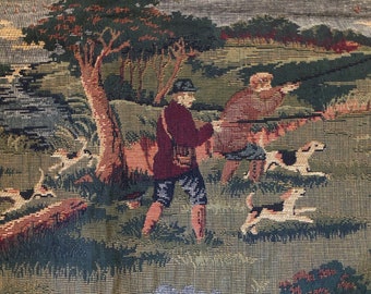 Vintage Hunting tapestry toile hunter dogs colonial scene woven  26" x 27"