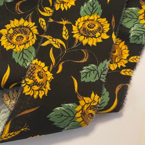 2 yards Sunflowers on black cotton fabric ribbon hand frayed scrapbooking handmade junk journal trim