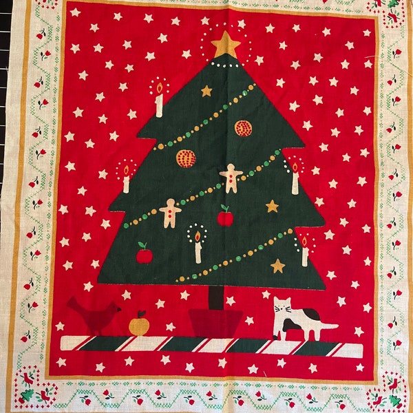 Vintage Christmas tree cat bird cotton quilt sewing  green Fabric panel diy