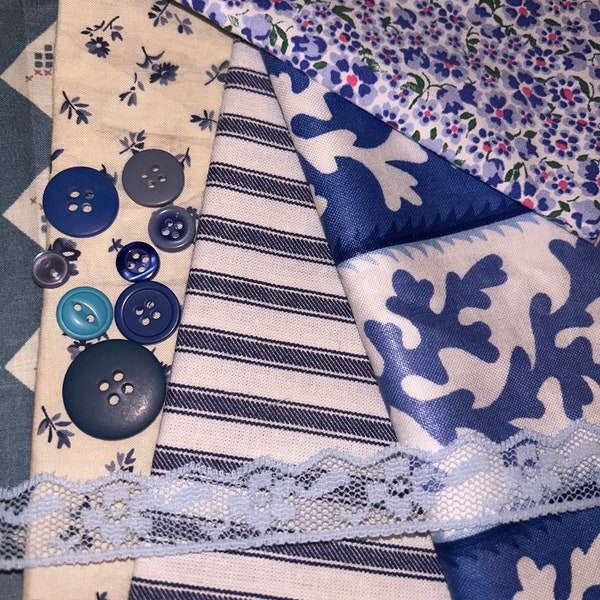 Vintage Blue florals lace fabric bundle quilt sewing buttons lot craft supply remnants scrapbooking journals