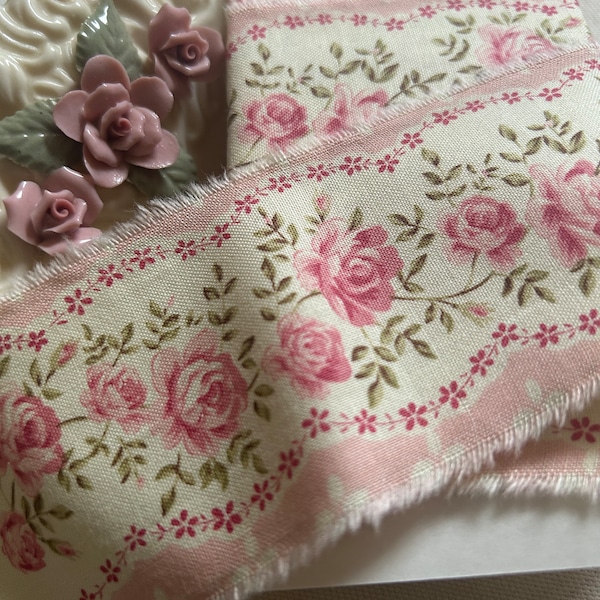 2 yards pink roses on creamy white French country 100% cotton fabric ribbon hand frayed scrapbooking handmade junk journal trim