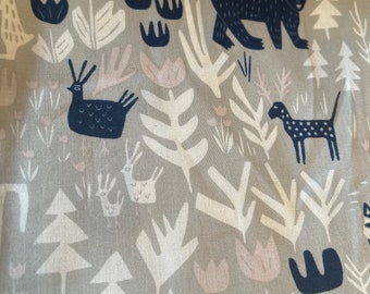 May include: A fabric with a repeating pattern of stylized forest animals and plants in navy blue, white, and pale pink on a gray background. The design includes bears, birds, deer, and trees.
